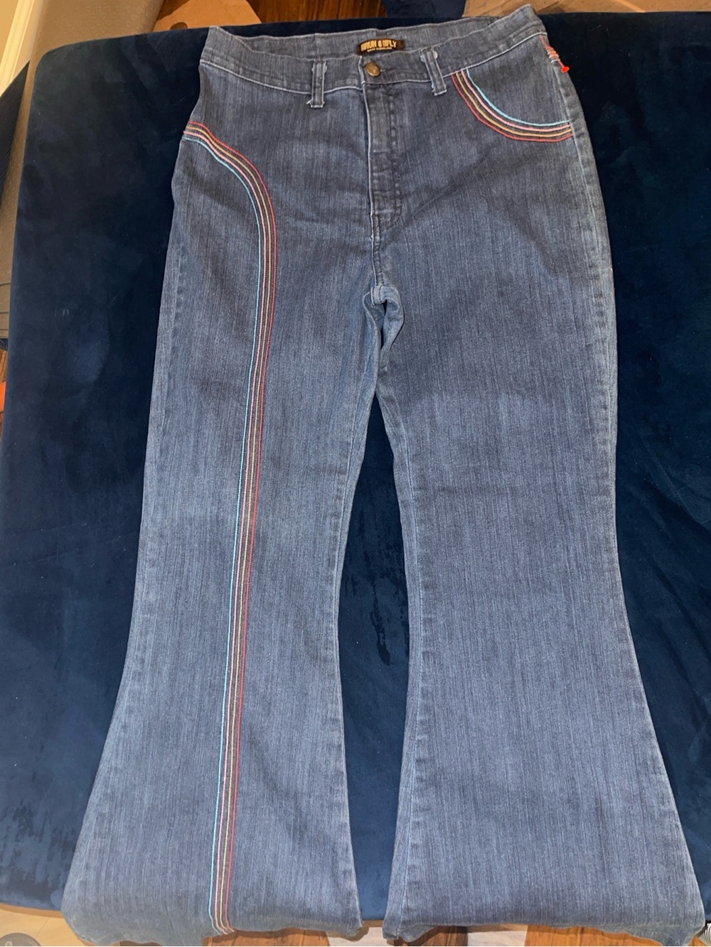 Run & Fly Rainbow Stitch Bell Bottom Flare Jeans Size 30/12 Made UK Y2K